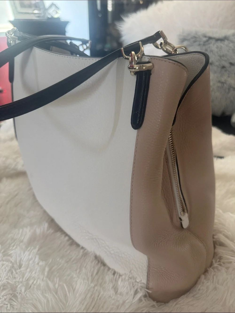 kate spade White and Blush/Tan Leather Shoulder Bag